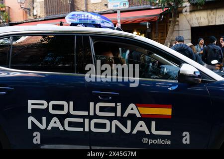 Madrid, Spain. February 11, 2024 - Spanish Police patrol car on a street, close up. Stock Photo
