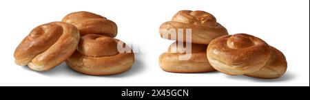 freshly baked sweet roll buns or bread rolls, golden brown soft breakfast or tea time snack isolated white background, different angles view Stock Photo