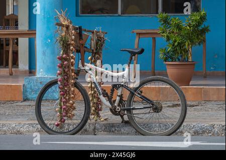 An onion sellers bicycle parked on the side of the main road through the centre of Vinales, Cuba Stock Photo