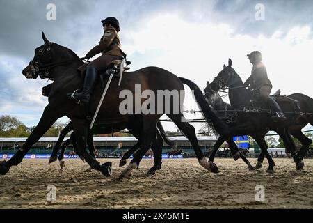 Windsor, UK. 30th April, 2024.  Members of The King's Troop Royal Horse Artillery during the rehearsal for the Musical Drive during the Royal Windsor Horse Show In Partnership with Defender, held in the private grounds of Windsor Castle in Windsor in Berkshire in the UK between 1st - 5th May 2024  Credit: Peter Nixon / Alamy Live News Stock Photo