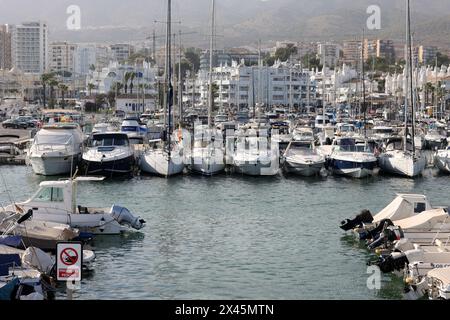 Benalmadena, Spain - September 15, 2023: Boats and yachts moored at Puerto Marina in Benalmadena, Costa del Sol Malaga, Spain. This marina has berths Stock Photo