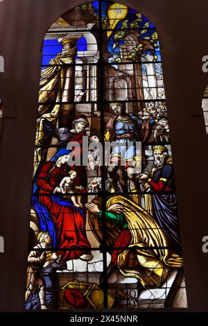 Segovia city, Cathedral (16th century, late gothic). Restored stained glass window. Castilla y Leon, Spain. Stock Photo