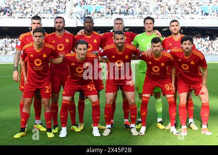 The AS Roma team is posing for the photograph before the Serie A TIM match between SSC Napoli and AS Roma at Diego Armando Maradona Stadium in Naples, Stock Photo