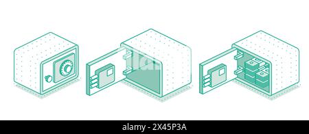 Isometric safe set with open and closed doors. Outline object isolated on white background. Vector illustration. Icon of security. Safe shown from dif Stock Vector