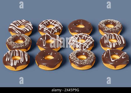 Trendy sunlight Summer pattern made with glazed donut with sprinkles on a grey background. 3d render of fast food concept, bakery and design elements Stock Photo