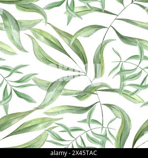 Tropical leaf ornate. Seamless pattern of olive leaves. Green oleander branches. Ivy realistic foliage. Watercolor illustration. Stock Photo