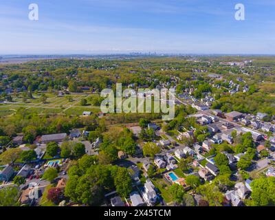 Saugus historic town center aerial view on Main Street in spring including Monument Square and Town Hall building on Central Street, Saugus, Massachus Stock Photo