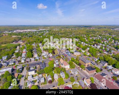 Saugus historic town center aerial view on Main Street in spring including Monument Square and Town Hall building on Central Street, Saugus, Massachus Stock Photo