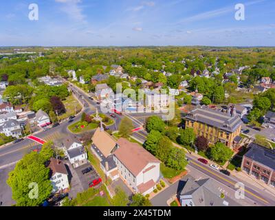 Saugus historic town center aerial view on Main Street in spring including Monument Square and Town Hall building on Central Street, Saugus, Massachus Stock Photo