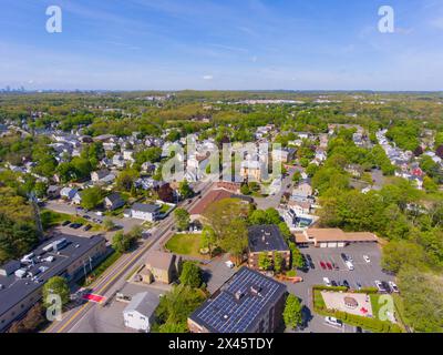 Saugus historic town center aerial view on Main Street in spring including Monument Square and Town Hall building on Central Street, Saugus, Massachus Stock Photo