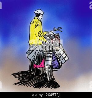 Dabbawala service in Mumbai. Dabbawala with cycle vector illustration.Mumbai dabbawala character illustration artwork. Mumbai Dabba Service. Mumbai Stock Photo