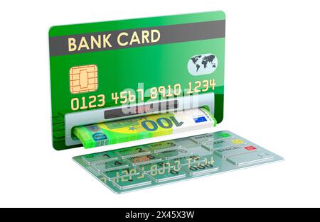 Credit bank card as ATM machine with euros. Withdrawing euro banknotes, 3D rendering isolated on white background Stock Photo