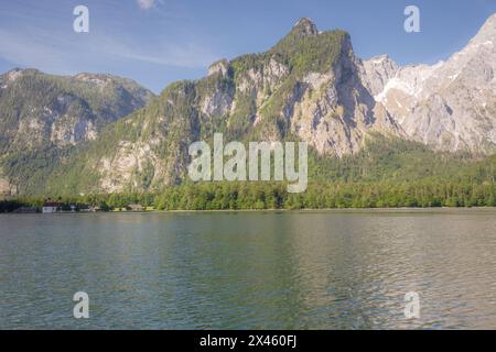 Sankt Bartholoma vor dem Watzmann on Konigsee lake near Jenner mount in Berchtesgaden National Park, Upper Bavarian Alps, Germany, Europe. Beauty of n Stock Photo