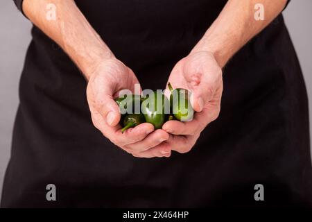 Close-up view of jalapeno chili pepper in the hands of a male cook. Episode of the cooking process Stock Photo
