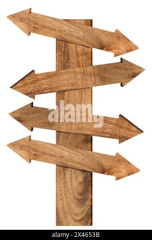 Brown wooden arrows with different directions on isolated background Stock Photo