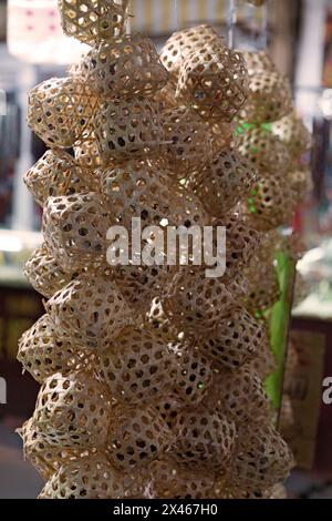 Bamboo cages with crickets at the Birds and Crickets market in Shanghai. Stock Photo