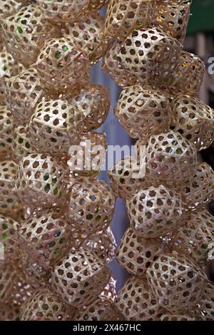 Bamboo cages with crickets at the Birds and Crickets market in Shanghai. Stock Photo