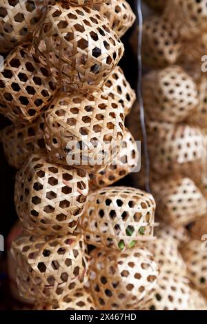 Bamboo cages with crickets at the Birds and Crickets market in Shanghai. Stock Photo