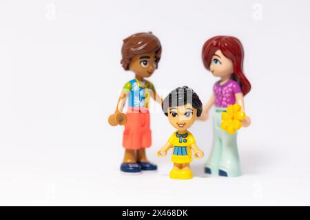 Lviv, Ukraine - April 29, 2024: Lego Friends family mini figures Stock Photo