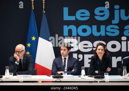 Edouard Philippe, Gabriel Attal and Valerie Hayer during the Besoin d'Europe (Need Europe) political committee for the European elections at the Renaissance party's headquarters in Paris, on April 30, 2024.Photo by Eliot Blondet/ABACAPRESS.COM Credit: Abaca Press/Alamy Live News Stock Photo