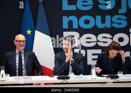 Edouard Philippe, Gabriel Attal and Valerie Hayer during the Besoin d'Europe (Need Europe) political committee for the European elections at the Renaissance party's headquarters in Paris, on April 30, 2024.Photo by Eliot Blondet/ABACAPRESS.COM Credit: Abaca Press/Alamy Live News Stock Photo