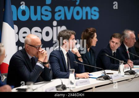 Edouard Philippe, Gabriel Attal and Valerie Hayer during the Besoin d'Europe (Need Europe) political committee for the European elections at the Renaissance party's headquarters in Paris, on April 30, 2024.Photo by Eliot Blondet/ABACAPRESS.COM Credit: Abaca Press/Alamy Live News Stock Photo