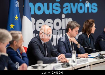 Edouard Philippe, Gabriel Attal and Valerie Hayer during the Besoin d'Europe (Need Europe) political committee for the European elections at the Renaissance party's headquarters in Paris, on April 30, 2024.Photo by Eliot Blondet/ABACAPRESS.COM Credit: Abaca Press/Alamy Live News Stock Photo