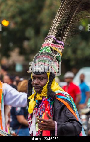 Los Guloyas of San Pedro de Macoris in the La Vega Carnival parade in the Dominican Republic.  They are descendents of slaves brought to the island fr Stock Photo