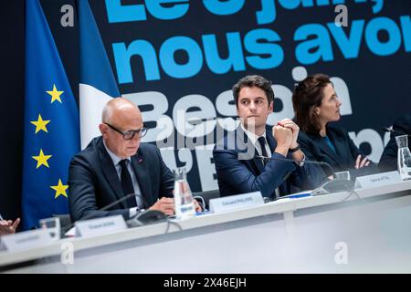 Edouard Philippe, Gabriel Attal and Valerie Hayer during the Besoin d'Europe (Need Europe) political committee for the European elections at the Renaissance party's headquarters in Paris, on April 30, 2024.Photo by Eliot Blondet/ABACAPRESS.COM Credit: Abaca Press/Alamy Live News Stock Photo