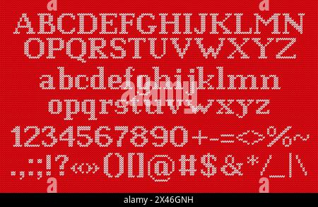 Knit font. Christmas typeface on seamless knitted pattern. Vector. Latin alphabet. Letters, numbers, signs and symbols on wool texture. Xmas ugly back Stock Vector