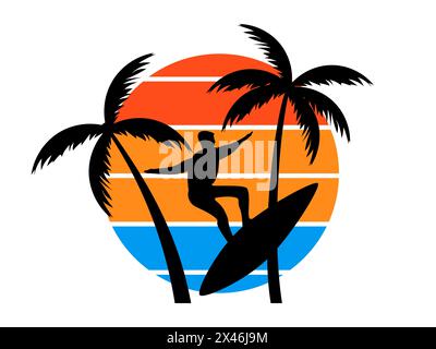 Surfer at sunset retro sun in 80s style. Surfer on a board with silhouettes of palm trees and sun isolated on white background. Design for print, bann Stock Vector