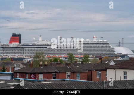 30 April 2024. Southampton, UK. Cunard's brand new luxury Cruise ship, the Queen Anne arrives at Mayflower Cruise Terminal, berth 106.The Queen Anne cruise liner will depart on her maiden voyage from Southampton to Lisbon on May 3, 2024 Stock Photo