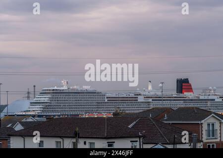30 April 2024. Southampton, UK. Cunard's brand new luxury Cruise ship, the Queen Anne arrives in the evening at Mayflower Cruise Terminal, berth 106. The Queen Anne cruise liner will depart on her maiden voyage from Southampton to Lisbon on May 3, 2024 Stock Photo