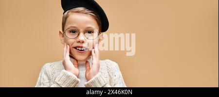 Preadolescent boy in glasses and hat, dressed as film director. Stock Photo