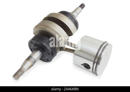New piston attached to crankshaft, isolated on white background Stock Photo
