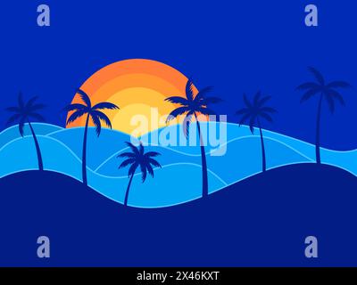 View of the sea coast at sunset. Coast with silhouettes of palm trees at sunset in a minimalist style. Tropical landscape, summer time. Design for pri Stock Vector