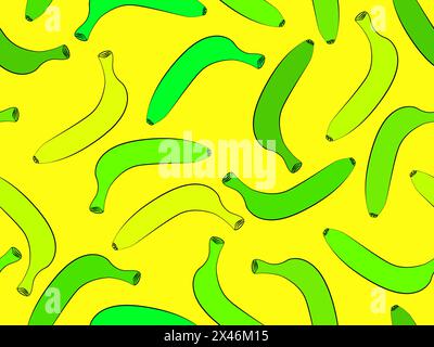 Green bananas on a yellow background seamless pattern. Exotic sweet bananas in green shades. Design for wallpaper, banner printing and promotional pro Stock Vector