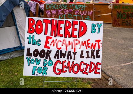 Medford, MA, US-April 30, 2024: Sign at Pro-Palestinian protesters at Tufts University set up a tent encampment to protest the war in Gaza. Stock Photo