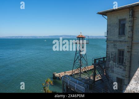 Historic Alcatraz prison guard tower overlooking San Francisco Bay, USA Stock Photo