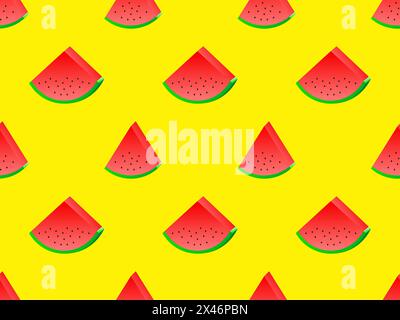 3D watermelon slices with seeds seamless pattern. Isometric watermelon slices on a yellow background. Design for posters, wallpaper, print promotional Stock Vector