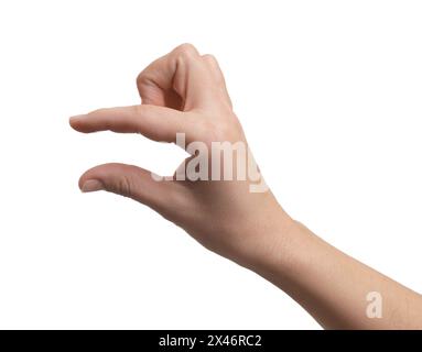 Woman holding something in hand on white background, closeup Stock Photo