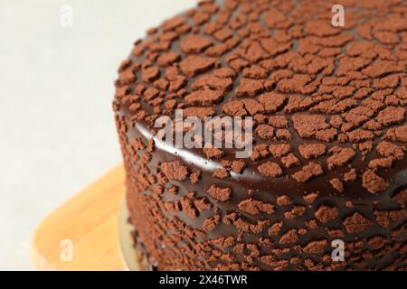 Delicious chocolate truffle cake on table, closeup Stock Photo
