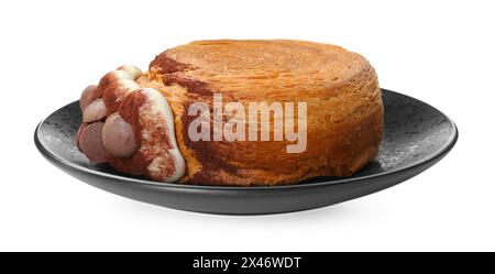 Round croissant with chocolate chips and cream isolated on white. Tasty puff pastry Stock Photo
