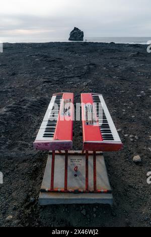 Keyboards on Valahnúkamöl beach from the movie The Story of Fire Saga, with Will Farrell and Rachel McAdams Stock Photo