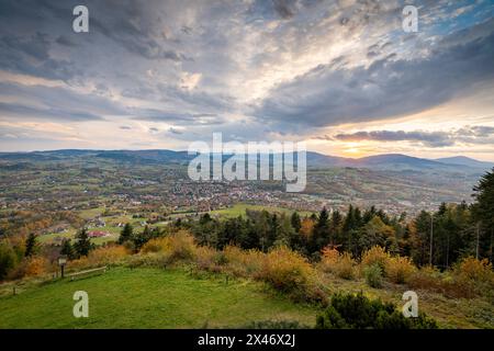 A panorama of a beautiful town of Limanowa seen from the top of the City Hill, in Lesser Poland Stock Photo