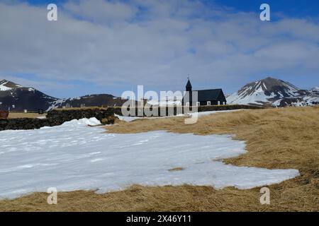 The old wooden parish church Budakirkja near Budir, West Iceland Stock Photo