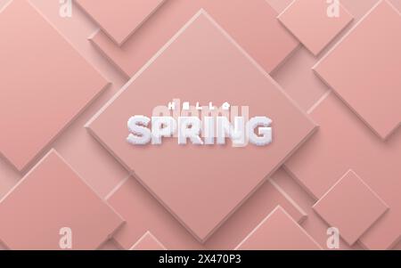 Hello spring sign on abstract background with soft pink geometric shapes. Stock Vector