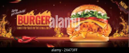 Hot Fried Chicken Burger Banner Ads With Burning Fire Effect In 3d 