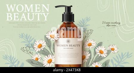 Banner ad for herbal cleansing product mock-up, with romantic hand-drawn chamomile and leaves on tea green background, 3d illustration Stock Vector