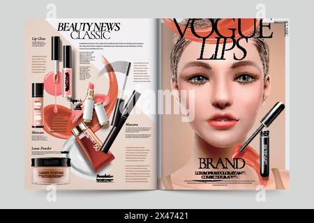 Cosmetic magazine ads, beautiful model with makeup accessories in 3d illustration Stock Vector